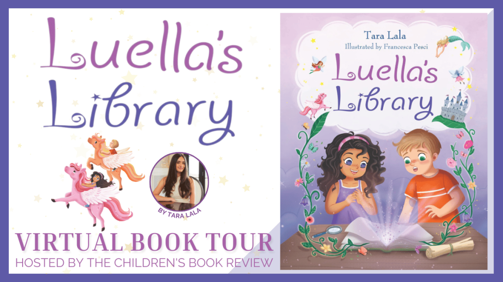 Luella's Library book tour banner - photo of children reading the book